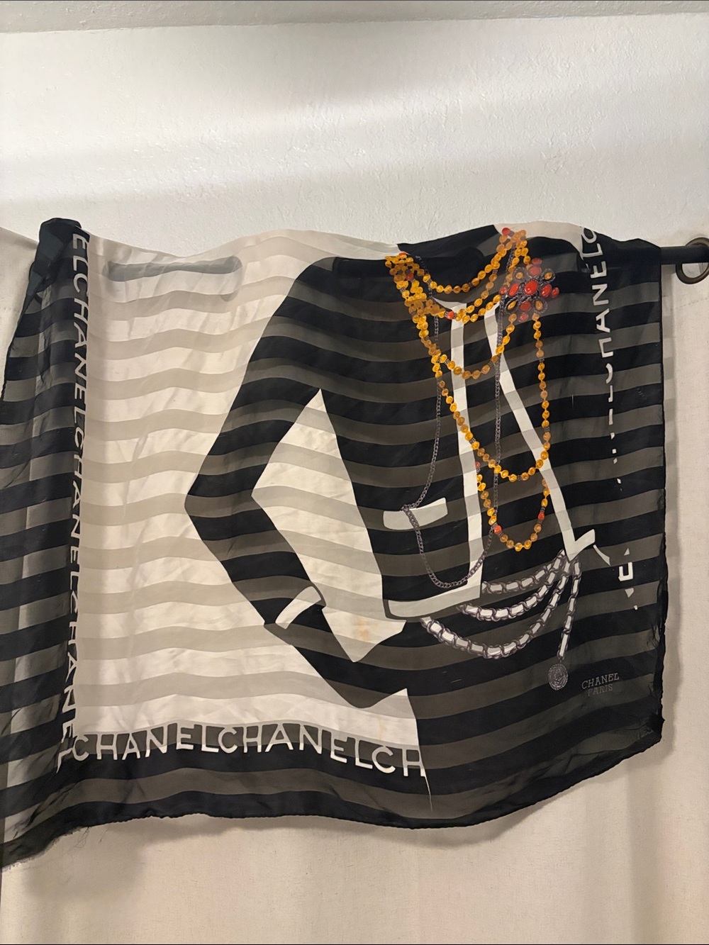 Chanel Graphic Scarf with Bead Motif in Black and Cream